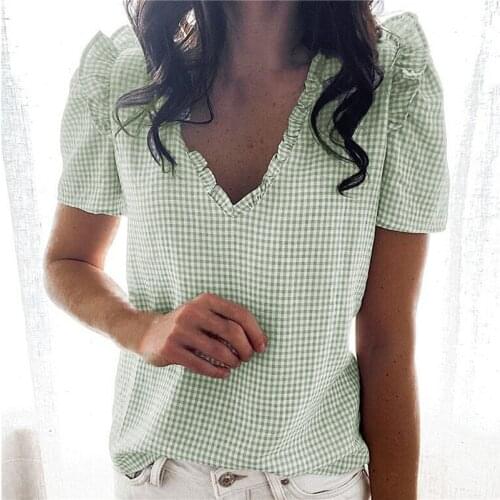 New Casual Women Blouse Short Sleeve Ruffles Shirt Elegant Plaid V-Neck Tops Summer Female Fashion Pullover Blouses