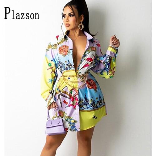 Plazson Autumn Print Long Shirts Casual Tunic Waist Shirt Blouse Sexy Fashion Blusa Loose Feminina Tops Women 2021