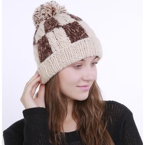 MingJieBiHuo Hand-woven new color matching lattice pattern large wool ball lady autumn and winter fashion women knitted warm hat