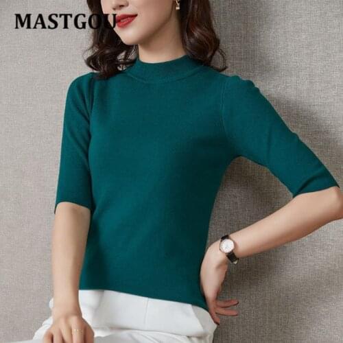 MASTGOU M-2XL Half Sleeve Women Basic Sweater Spring Autumn Tight TurtleneckSweater Black White Knitted Female Jumper Pull Femme