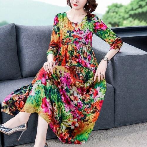 Imitate Real Silk Dresses Women Loose Printed Three Quarter Sleeved Dress Spring Autumn Large Size High Quality Elegant Vestidos