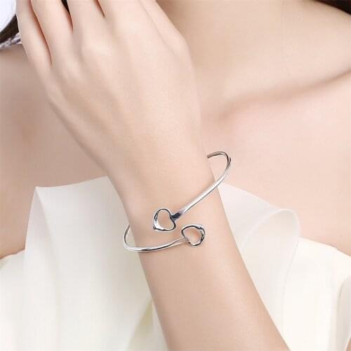 925 Sterling Silver Double Hollow Heart Bangle Bracelet For Woman Wedding Engagement Fashion Charm Party Jewelry Gift
