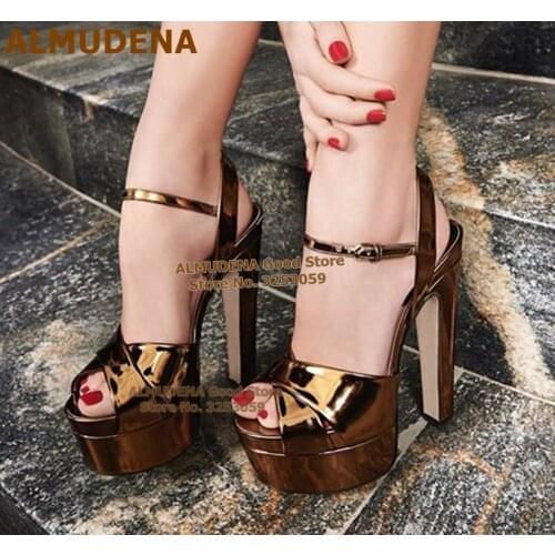 ALMUDENA Metallic Copper Gold Chunky Heel Sandals Patent Leather Platform Dress Shoes Open Toe Buckle Strap Wedding Shoes Size47