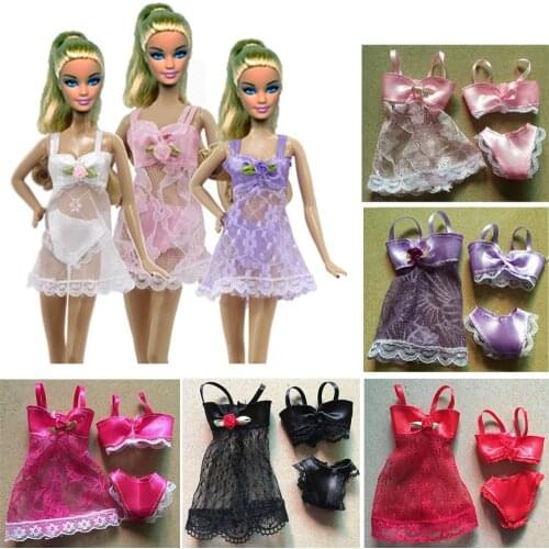 1set=3pcs(Dress + Bra + Underwear)Sexy swimwear Lace Night dress For 1/6 Barbies Doll Pajamas Lingerie clothes eg003