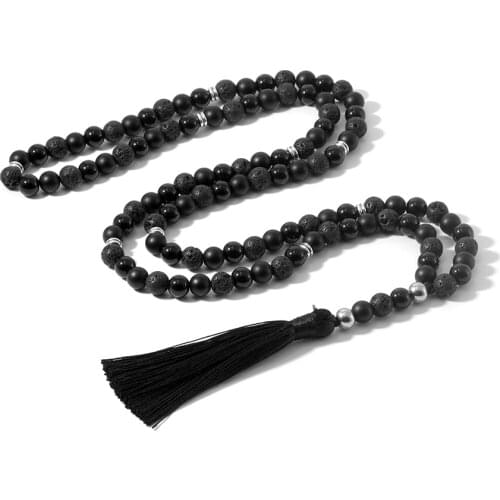 108 Mala Beaded Necklace Volcanic Stone Black Onyx Rosary Meditation Declaration Yoga Semi-Precious Tassel Japamala Jewelry