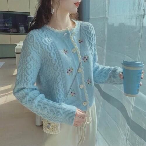 2021 Autumn New Womens Knitted Cardigan Short Print Embroidery Harajuku Style Sweater Cardigan Female En