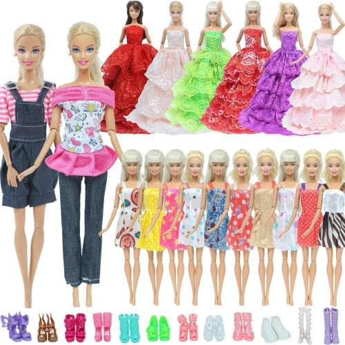 25 Set/Lot Random 1 Gown + 10 Mini Doll Dresses + 12 Doll Shoes +2 Outfits Clothes for Barbie Doll Accessories Kids Xmas Toys