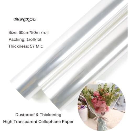 60cmx50m Clear Roll Cellophane Wrapping Paper for Flowers Dust-proof Transparent Opp Plastic Film Gift Packaging Materials