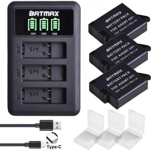 Batmax 3Pcs Battery for GoPro Hero 7 Hero 6 Hero 5 Black Cameras (1600mAh) + LED 3Slots USB Charger with Type C Port