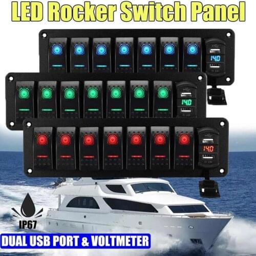 Car Waterproof Marine Boat Rocker Switch Panel 8 Gang 12V/24V Circuit Breaker Dual USB Slots Light Button