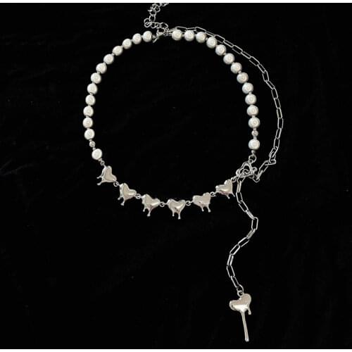 Shiny Splice Vintage Steel Simulation Pearl Necklaces Fashion Irregular Love Heart Collar Statement Personality Clavicle Chain