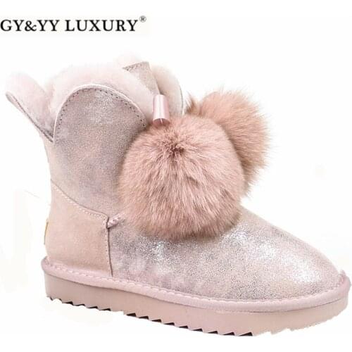 Women Sheep Wool Boots Genuine Leather Ball Fox Fur Snow Boots Shoes Sheep Fur Boots Flat Warm Winter Shoes