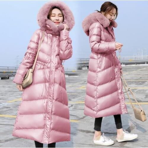 JuneLove Real Fox Fur Collar Coats Women Winter warm Down Parka Vintage female Hooded White duck Down Jacket Long Coat Outerwear