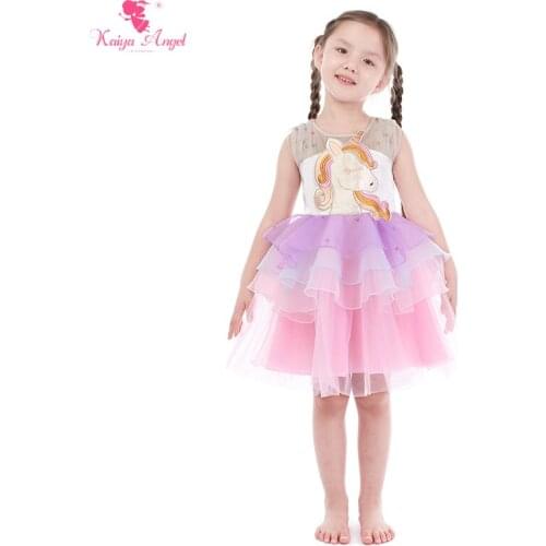 Kaiya Angel 2018 Unicorn Pearls Embroidery Flowers Mesh Dresses Party and Wedding Summer Elegant Princess Light Pink Bow Clothes