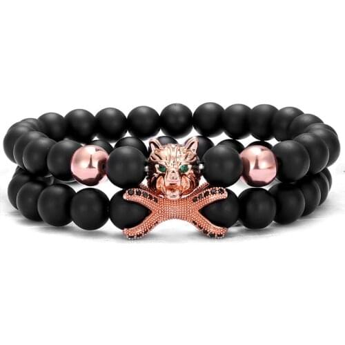2 piece set /Glamour Wolf Head Mens Beaded Bracelet 8mm Black Natural Stone Set Frosted Stone Yoga Elastic Bracelet Jewelry