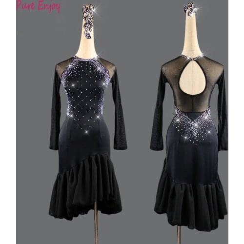 Latin dance performance clothing adult sexy backless fashion hot rhinestone Long sleeve Latin dance competition dress