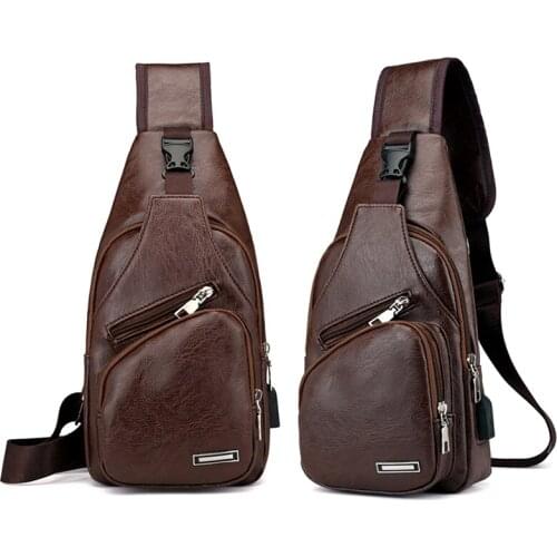 Men Sport Chest Bag Vintage PU Zipper Open Crossbody Bag with Earphone Holes ZJ55