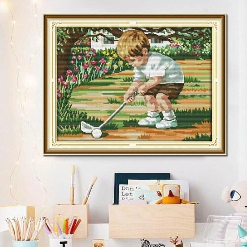 A boy playing golf pattern cross stitch kit golf future 14ct 11ct white cloth printing embroidery handmade creative production