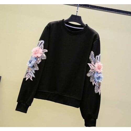 Exquisite Flower Embroidery Patchwork Hoody New Autumn Long Sleeve Hoodies Women 2021 New O-neck Loose Fashion Pulloves clothing
