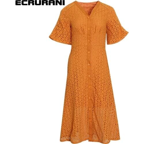 ECRURANI Orange Casual Dress For Women V Neck Puff Half Sleeve High Waist Hollow Out Solid Dresses Females Summer 2021 New Style