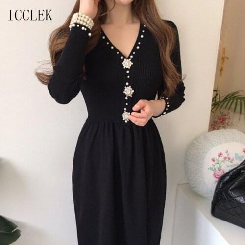 French Elegant V-Neck Fashion WomenS Sweater Dress Midi Dress 2021 Winter New Korean One-Piece Black Cute Knitted Dress Female