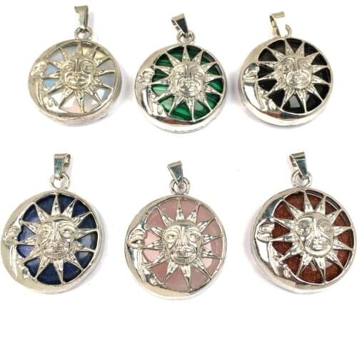 Natural Stone Rose Quartzs Pendant Charms Sun Pattern Lapis Lazuli Pendants for Jewelry Making DIY Necklace Accessories 27x31mm