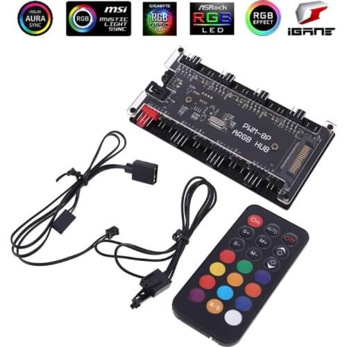 PWM FAN+ARGB LED 2 in 1 Sync Hub Wireless Controller 1 To 8 Multi Way Splitter 5V 3PIN RGB cooler 4Pin Fan Adapter AURA