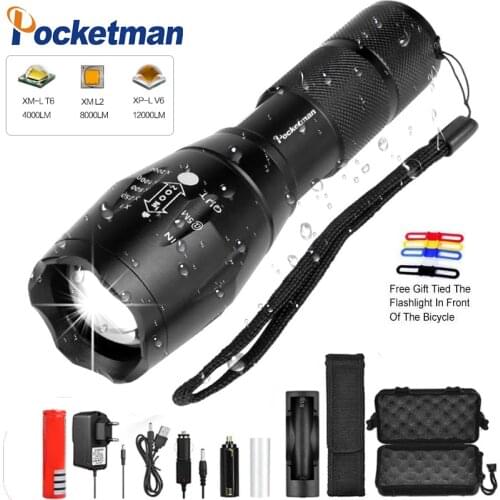 8000LM Tactical Flashlight led torch linterna T6/L2/V6 5 Modes Zoomable Bicycle Light use 1*18650 battery for riding Fishing