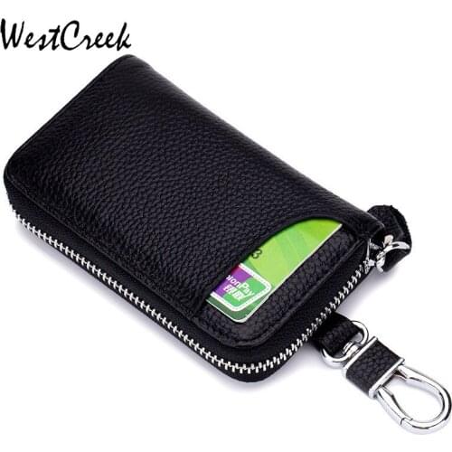 WESTCREEK Litchi Genuine Leather Car Key Smart Wallet Zipper Key Ring Organizer 6 Key Hooks Holder with Card Purse