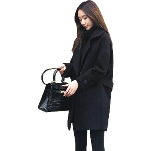 Womens Wool Jacket Female Blended Woolen Coat Korean Style Black Large Size Loose Spring Autumn Coat Outwear Elegant 2020 K1097