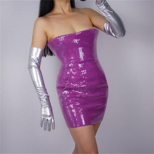 60cm Patent Leather Silver Long Gloves PU Emulation Leather Bright Leather Mirror Metal Bright Silver Female Free Shipping PU52