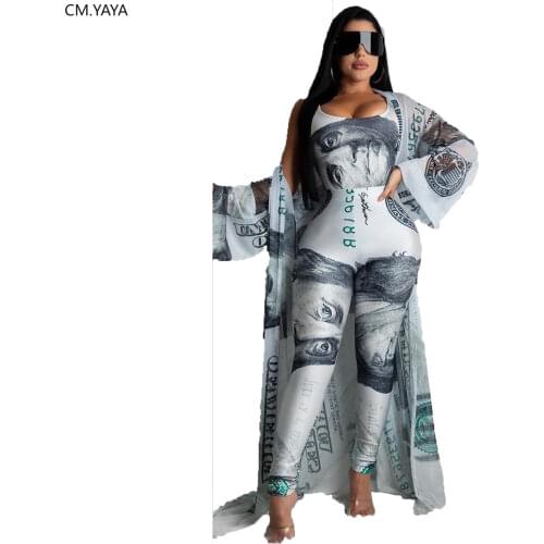 2020 Summer Women 3 Pieces Sets Summer Tracksuits Bodysuits+Pants+Coat 3 pcs Leggings Dollar Print Suit Fitness Outfit GL1229