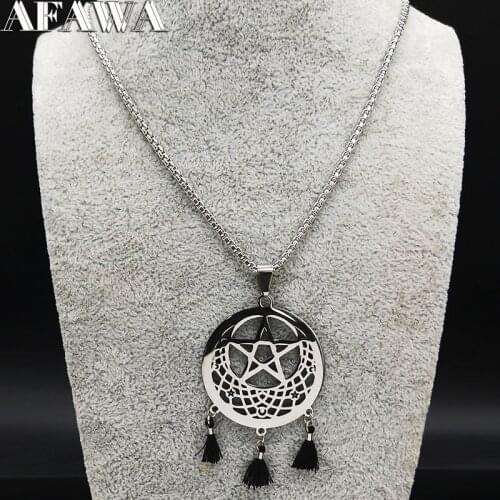 2021 Dreamcatcher Pentagram Witchcraft Tassel Stainless Steel Silver Color Necklace for Women Jewerly collares largos N19556