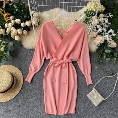 2021 New Korean Long Batwing Sleeve V Neck Elegant Dress Ladies Bandage Dress Autumn Winter Women Knitted Sweater Dress
