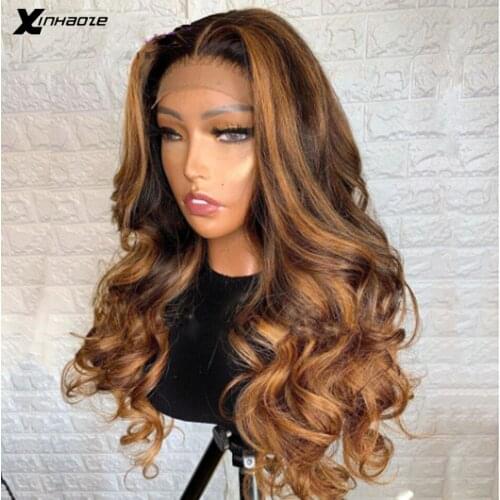 Brazilian Body Wave Lace Front Human Hair Wigs With Baby Hair T Part Brown Honey Blonde Highlight Wigs Remy Hair 150 Density