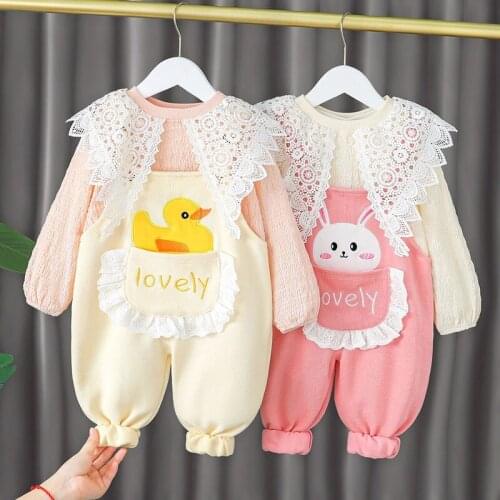 2 Pieces/set New Arrival Babys Sets Autumn Girls Clothes Long Sleeve Lace Pullover and Overalls Newborn Cute Clothes ropa bebe