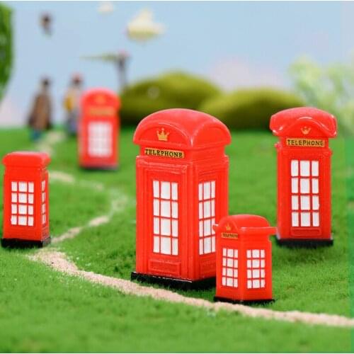 4PCS Red Telephone Booth Figurine Home Decoration Mini Fairy Garden Cartoon Building Statue Miniature Ornament Toy Resin Craft