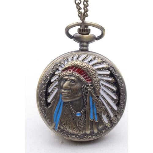 50pcs/lot Vintage Indian Old Man Quartz Pocket Watch Necklace Gift Watches Wholesale