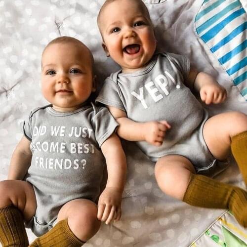 Newborn Infant Baby Boys Girls Bodysuit Twin Sister Twin Brother Cotton Bodysuit Cute Summer Short White Sleeve For Baby 0-24M