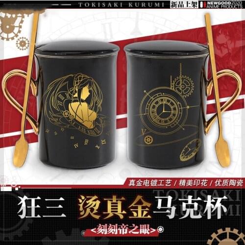 Anime DATE A LIVE Tokisaki Kurumi Water Cup Daily Ceramic Coffee Mug Cup Gold stamping Men Women Spoon+Cup lid Cup Xmas Gifts