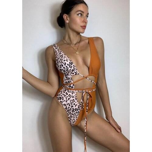 Color Block Leopard Patchwork 1 Piece Beach Swimsuit Womens Sexy Hollow Out Lace Up Monokini Swimwear Open Back Bathing Suit