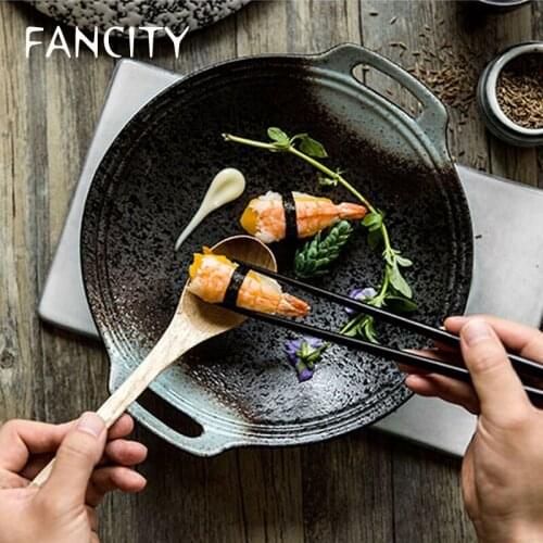 FANCITYC Creative personality Japanese style and wind kiln changed hand-painted ceramic pottery tableware round double ear plate