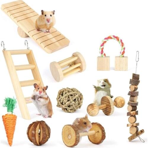 Hamster Chew Toys, Natural Wooden Pine Guinea Pigs Rats Chinchillas Toys Accessories Dumbbells Exercise Ball Roller Teeth Care M