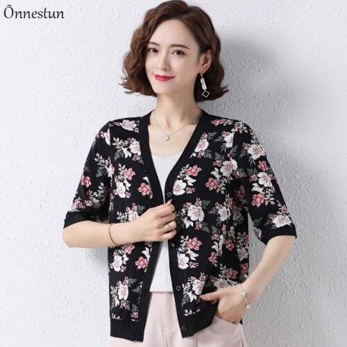 Printing Cardigan Sweater Women Spring Summer Short Sleeve Sweater For Women Outerwear Thin V Neck Cardigans