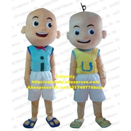 Naughty Upin & Ipin Bald Child Monk Mascot Costume Adult Size With Blue Vest Yellow Coat Red Tie White Pants No.4797 Free Sh