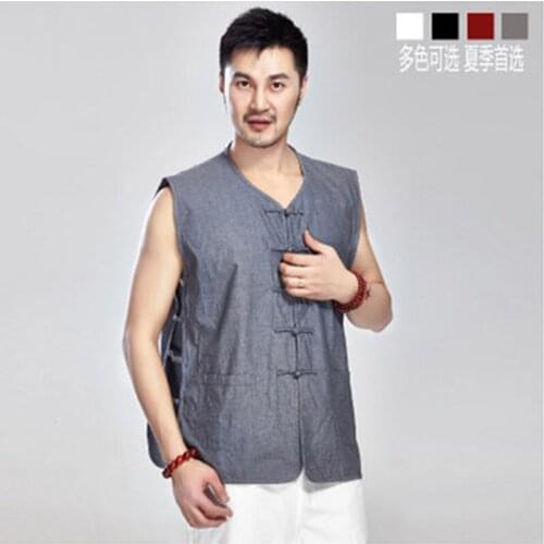 Summer Cotton Sleeveless Tang Suit MenS Vest Jacket Chinese Style Disc Buckle Plus Size Waistcoat Oversized T Shirt Футболки