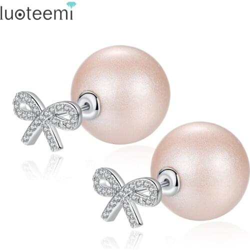LUOTEEMI Lovely Bow-knot Design Paved Petite CZ Crystal Fashion Stud Earring For Women Double Side Cute Earrings Girlfriend Gift