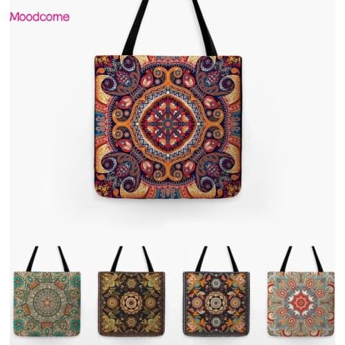 Fashion Mandala Pattern Geometric Ethnic Style Foldable Shopping Tote Bag Water Resistant Cotton Linen Shoulder Bag Grocery Bag