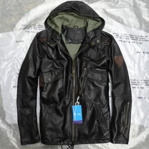 Mens Real Leather Jacket Men Military Hooded Leather Coat Male Genuine Leather Jackets | 203202070599
