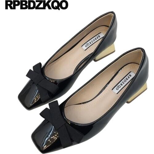 Chunky Square Toe Pumps Bow Black Thick 2021 Block Designer Slip On Cheap Low Heels Patent Leather Shoes Red Fashion Pink Casual